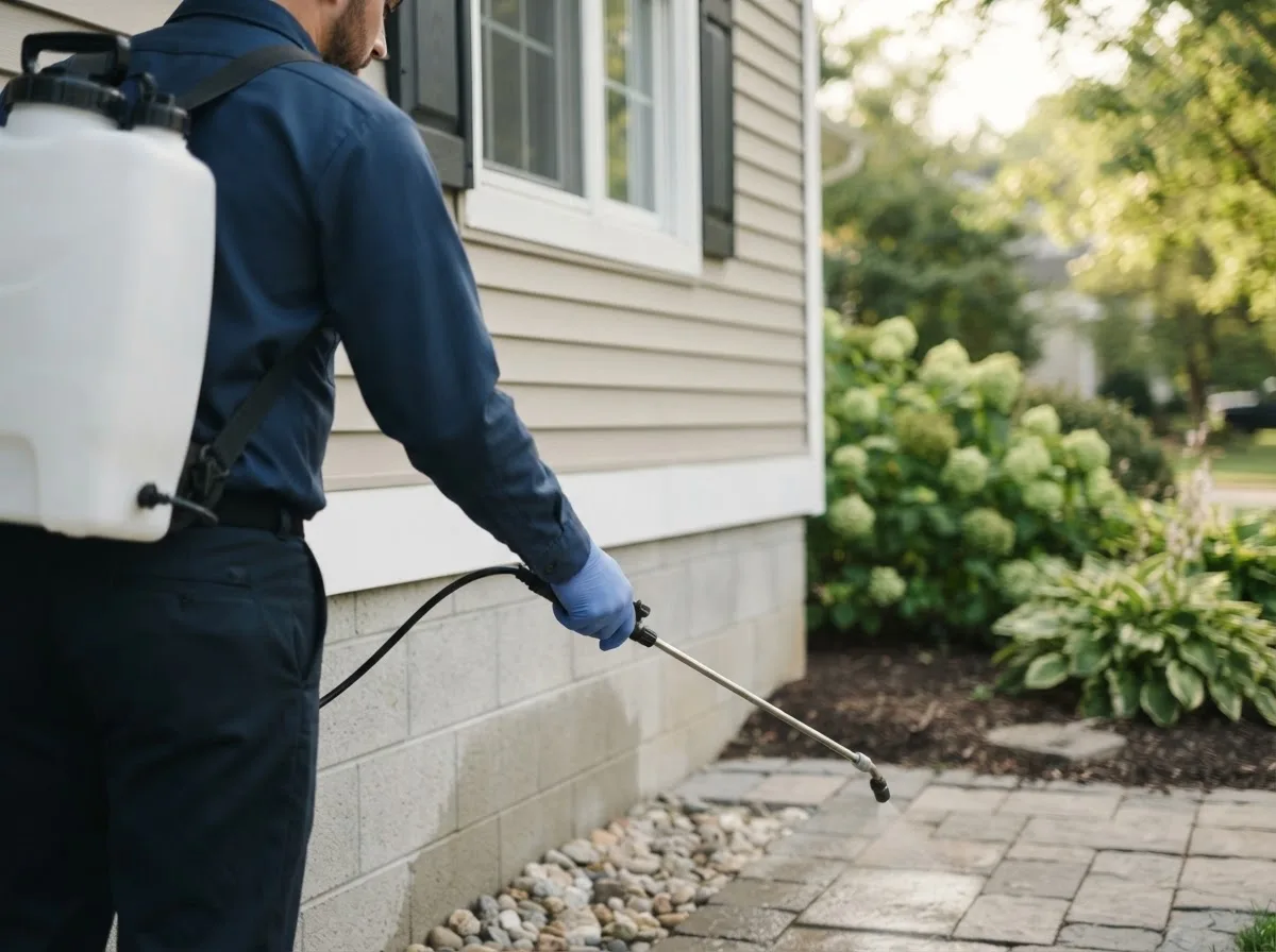 Pest control technician inspecting a home in Waggoner, IL